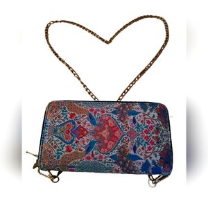 Blue Pasley Women's Double Zip Wallet -with 22" gold chain. Classic